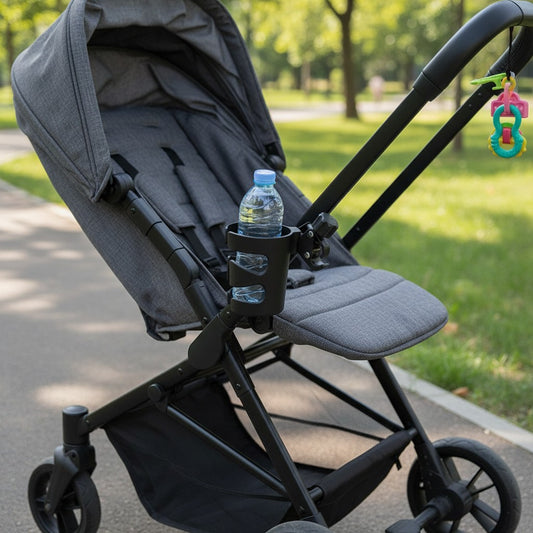 Momviacare black adjustable stroller cup holder with universal clamp for bottles and cups.
