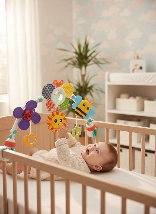Momviacare baby activity arch toy with sun, bee, ladybug, and flower toys. A baby lies in a crib reaching for the toys.