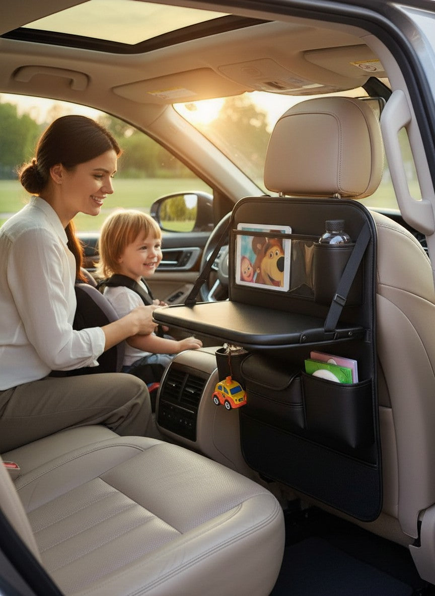 Momviacare black eco-leather car seat organizer with foldable tray, tablet holder, cup holder, and storage pockets, shown with a child watching a tablet.