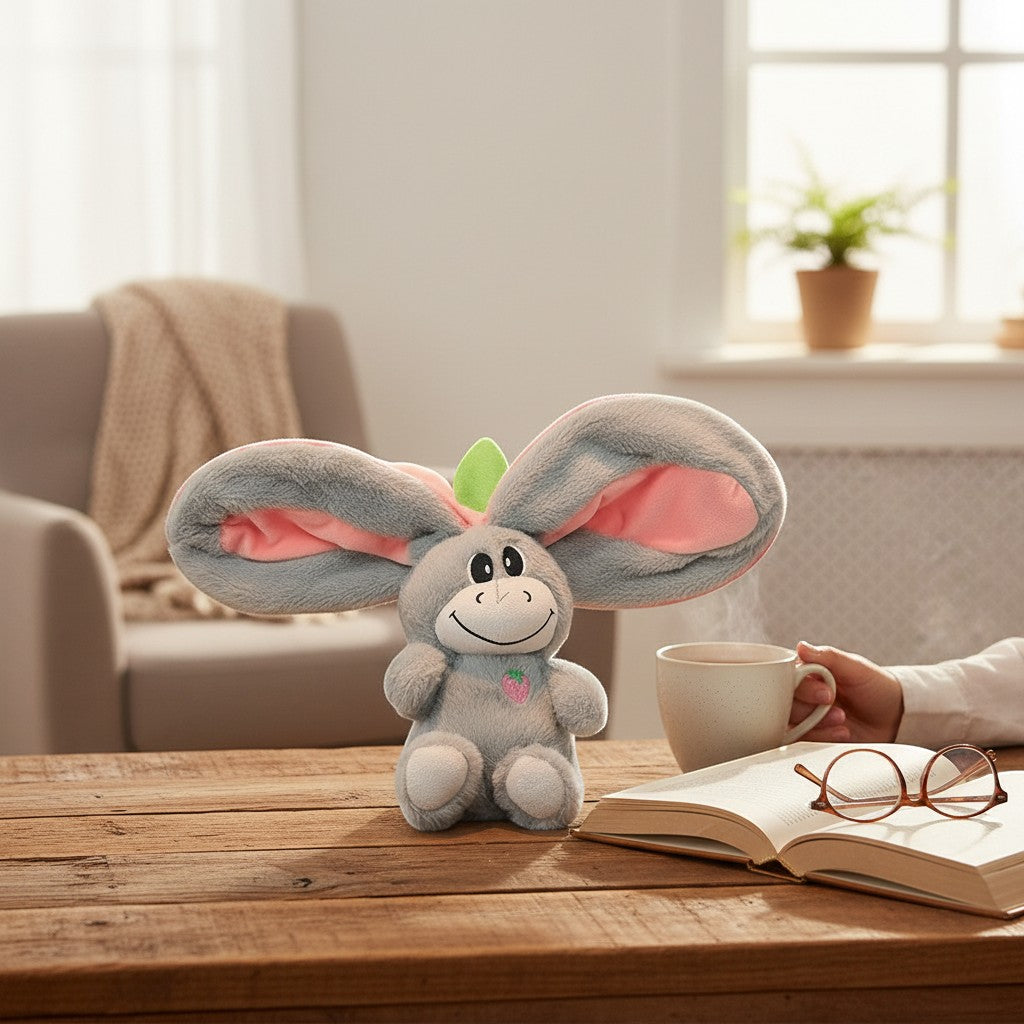 Momviacare grey plush toy with large pink-lined ears, embroidered face, and strawberry detail. Sits on a wooden table with a book and mug.