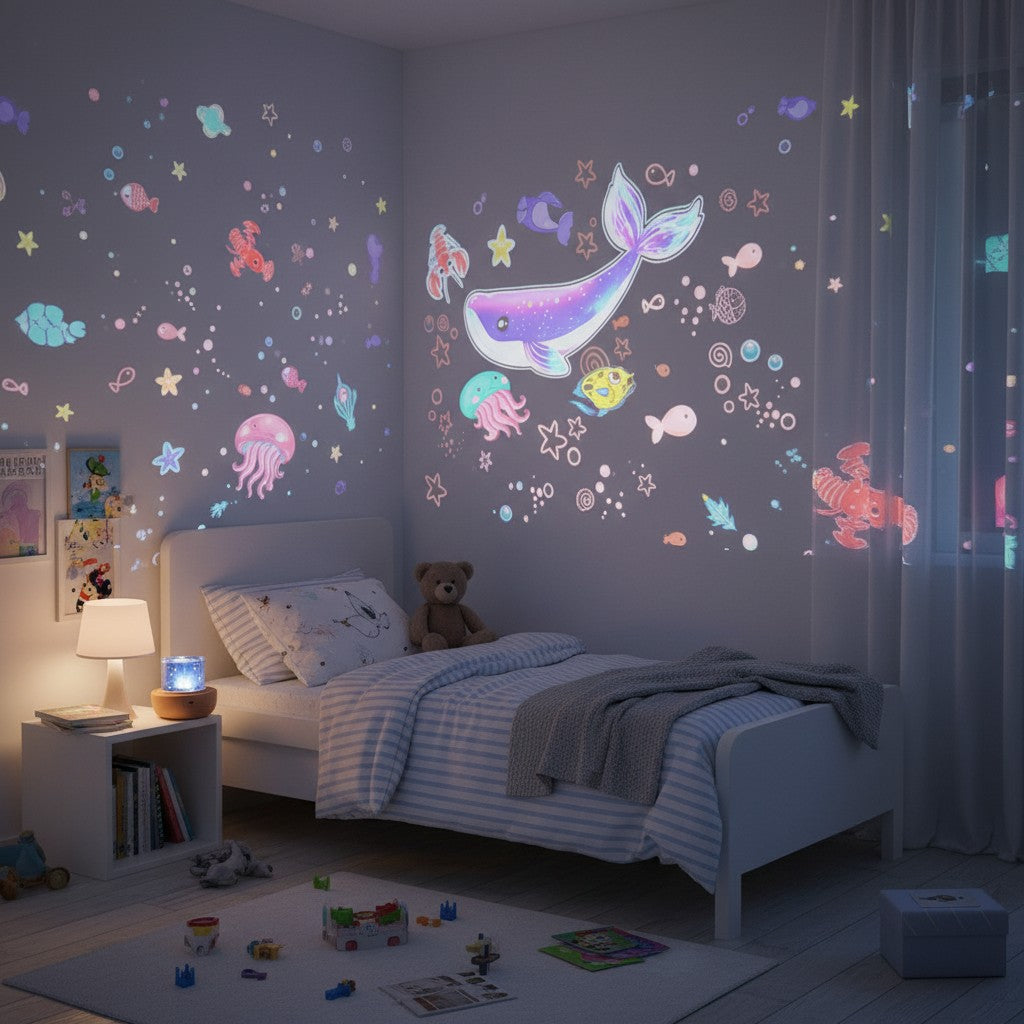 Momviacare ocean themed star projector night light with whale and sea creature projections, perfect for kids' bedrooms.