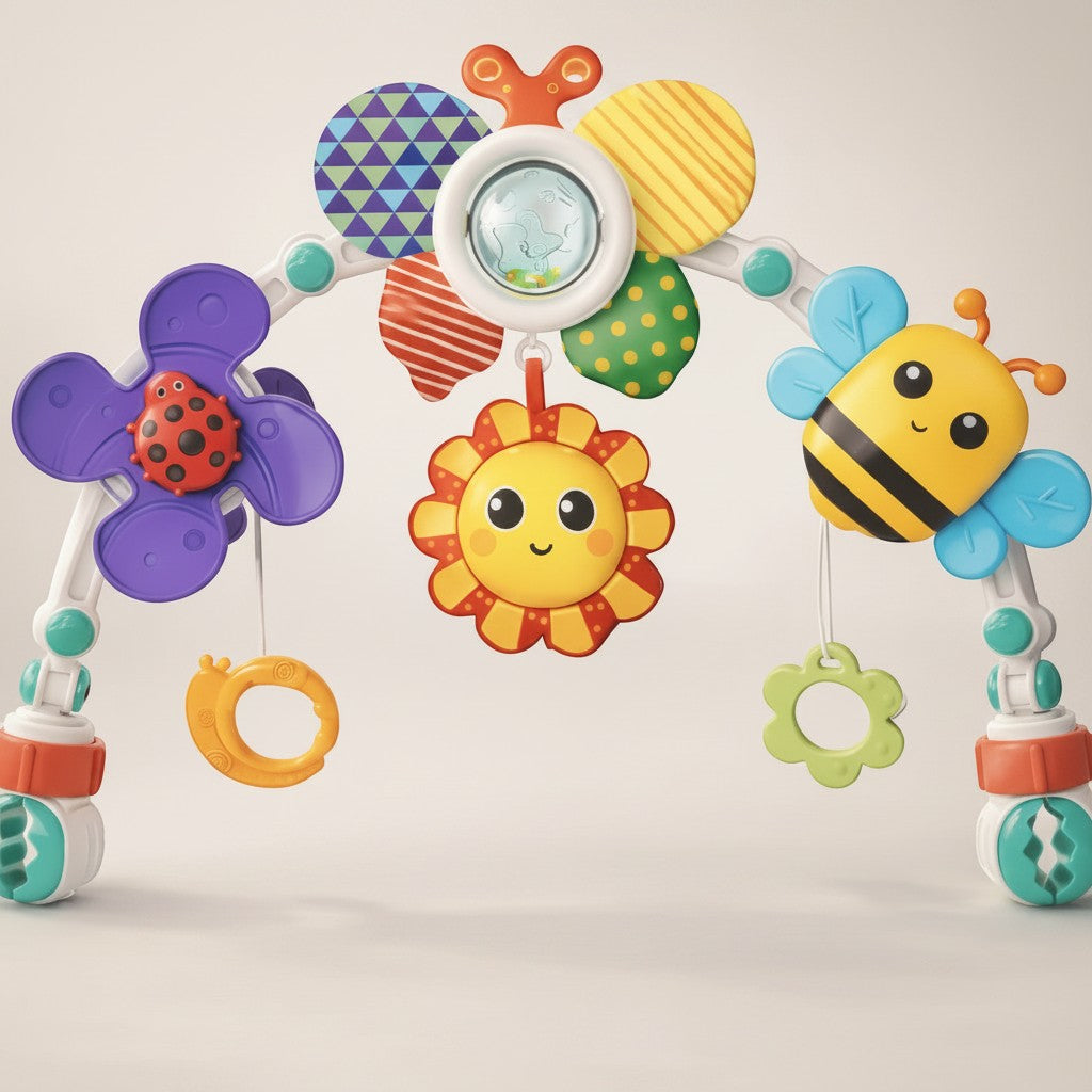 Momviacare baby activity arch with sun, bee, ladybug, and flower toys. Colorful and engaging for sensory play.