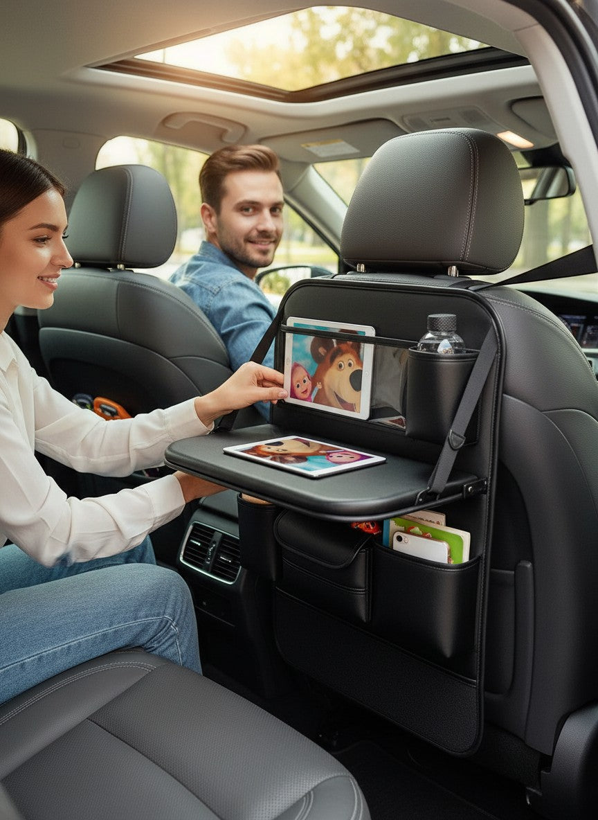 Momviacare black eco-leather car seat organizer with foldable tray, tablet holder, cup holder, and storage pockets.