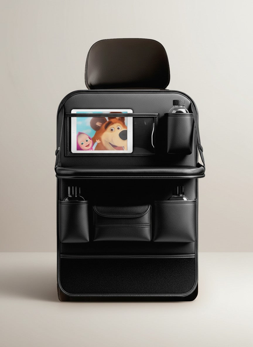 momviacare black eco-leather car seat organizer with multiple pockets, foldable tray, and cup holders.