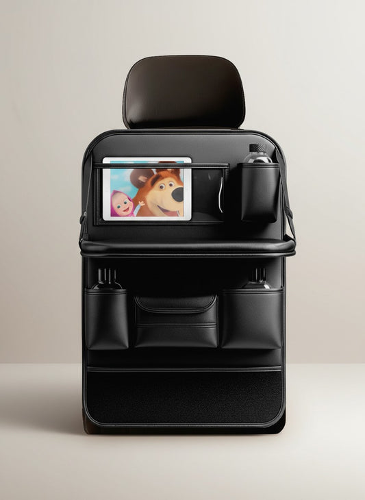 momviacare black eco-leather car seat organizer with multiple pockets, foldable tray, and cup holders.