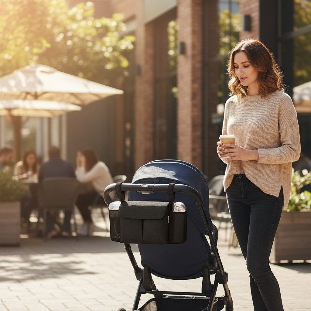 Momviacare black stroller organizer bag with cup holders attached to stroller handle, held by a woman with a coffee cup.