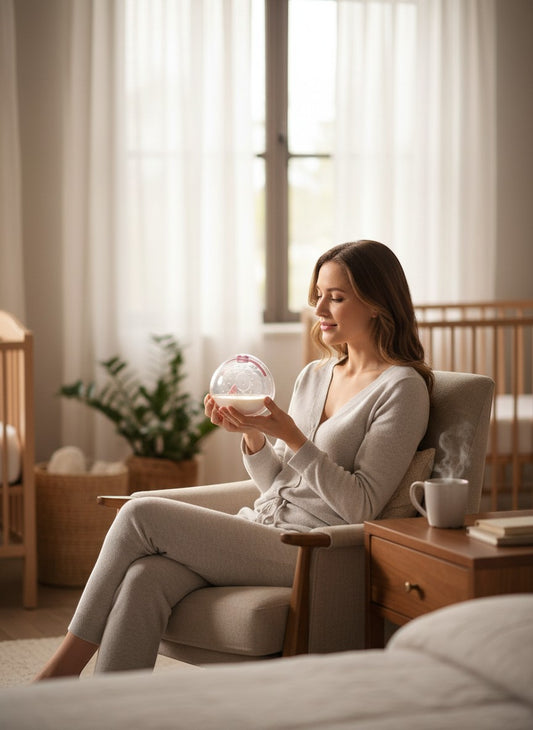 momviacare clear silicone breast milk collector with pink accents, held by a woman sitting in a chair.
