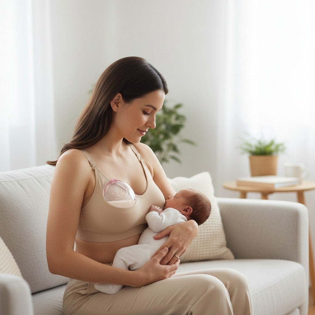 momviacare clear BPA-free silicone breast milk collectors with pink trim, showing collected milk.