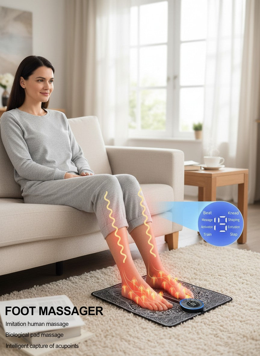 Momviacare EMS foot massager with multiple modes for relaxation and pain relief, shown with a woman relaxing on a couch.