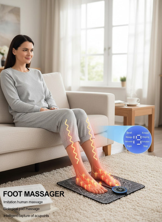 Momviacare EMS foot massager with multiple modes for relaxation and pain relief, shown with a woman relaxing on a couch.