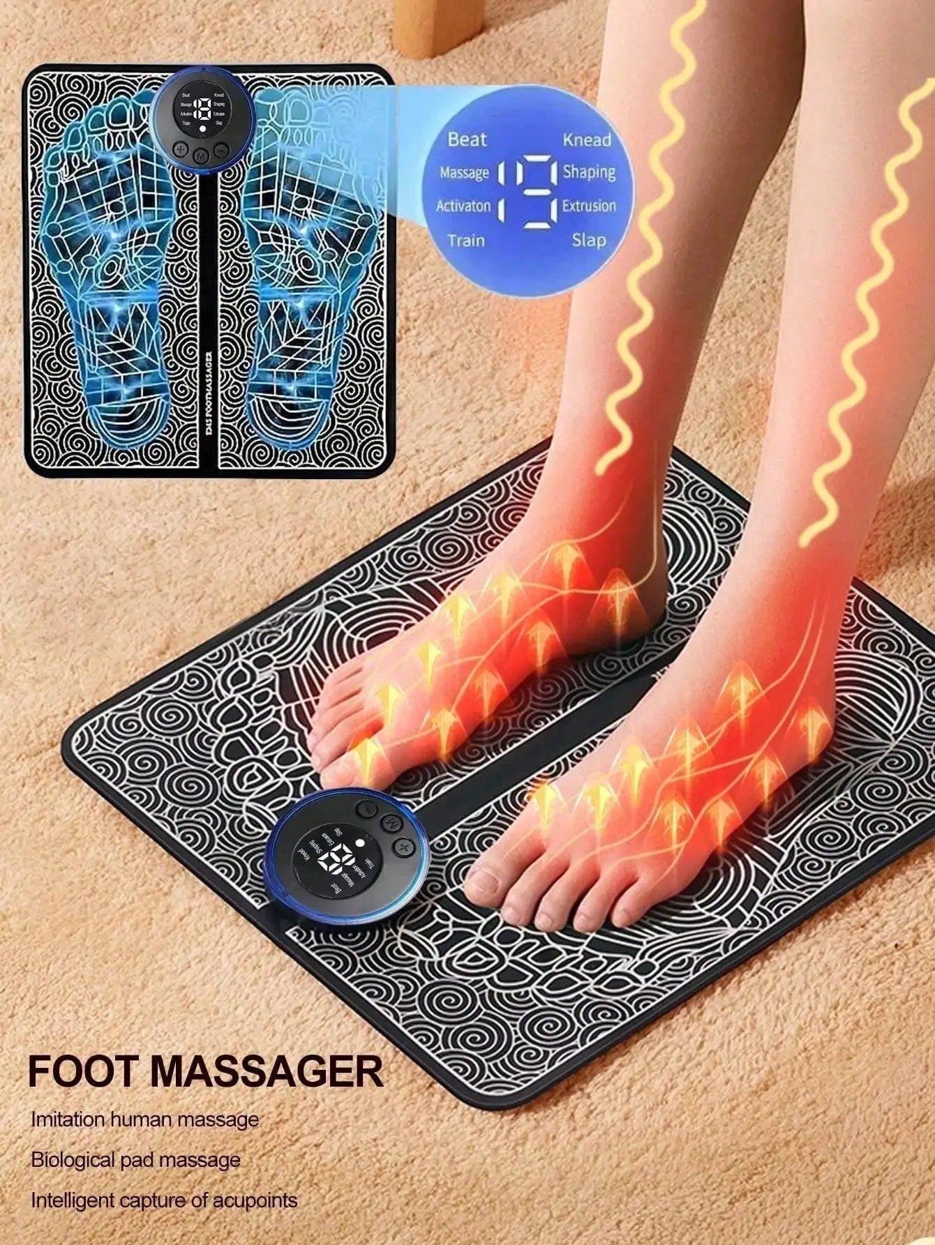 Momviacare EMS foot massager with multiple modes for relaxation and pain relief, featuring a biological pad and digital display.