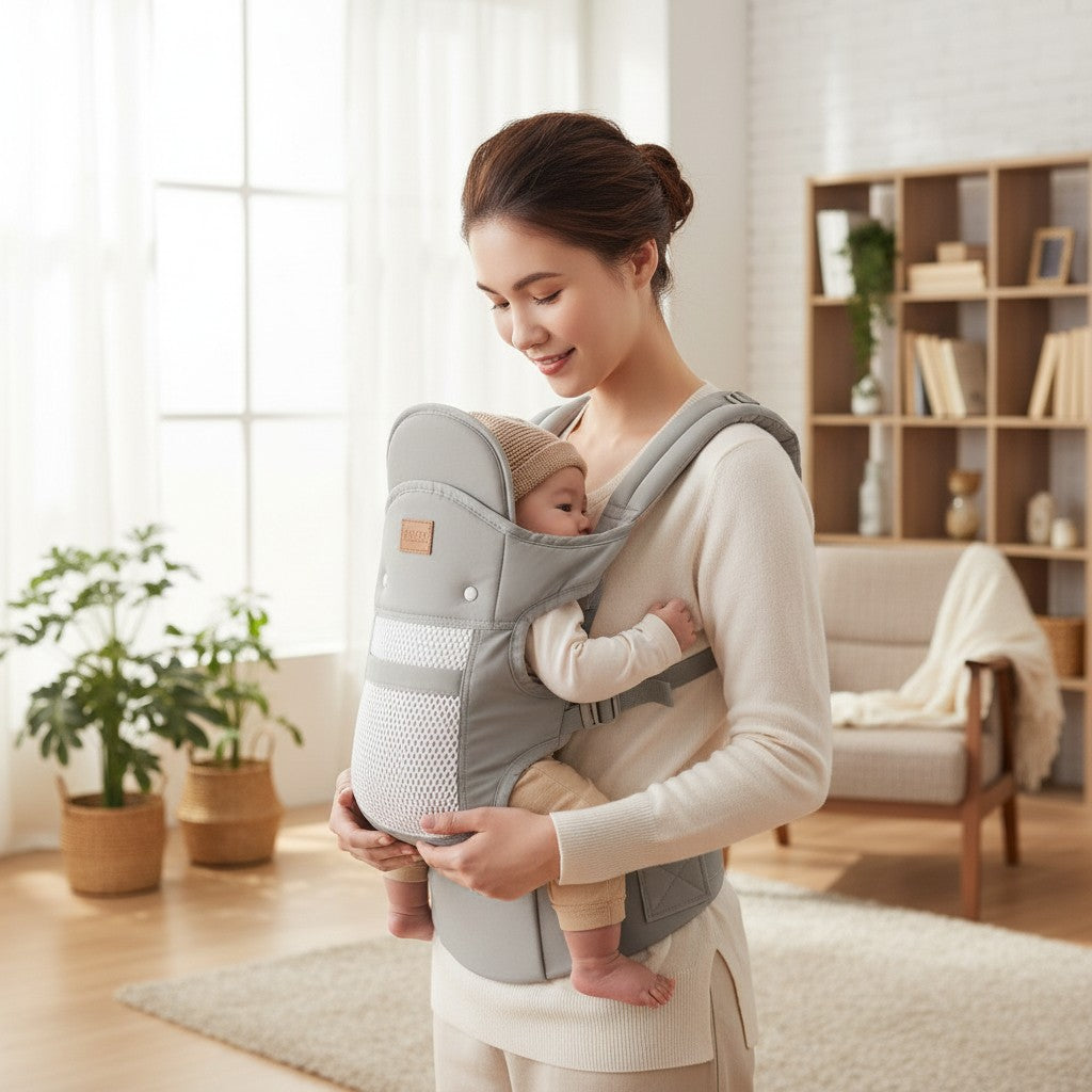 momviacare grey ergonomic baby carrier backpack with mesh panels and padded straps, shown with a mother and baby.