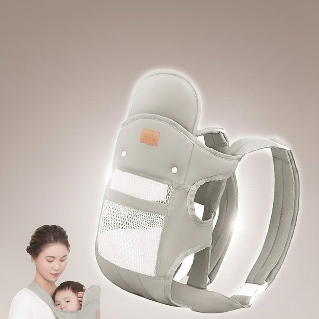 momviacare grey ergonomic baby carrier backpack with mesh panels and adjustable straps, shown with a mother holding her baby.