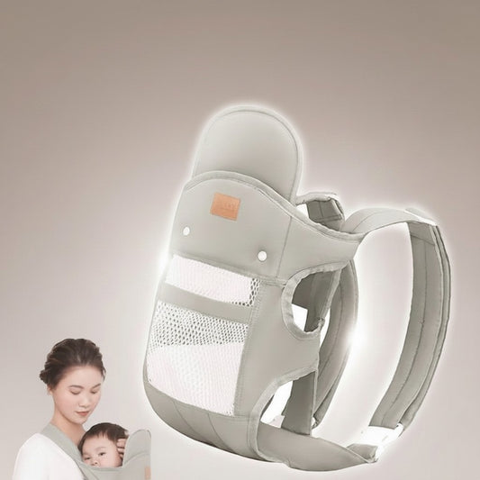momviacare grey ergonomic baby carrier backpack with mesh panels and adjustable straps, shown with a mother holding her baby.