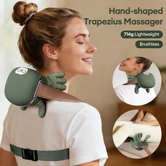 Momviacare green hand-shaped trapezius massager with adjustable strap worn by a woman for neck and shoulder relief.