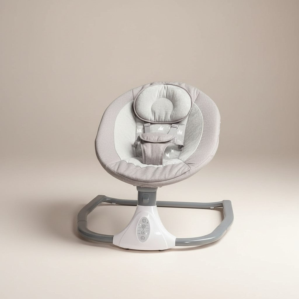 momviacare grey electric baby rocker with plush seat and secure harness, remote and Bluetooth enabled for newborns.