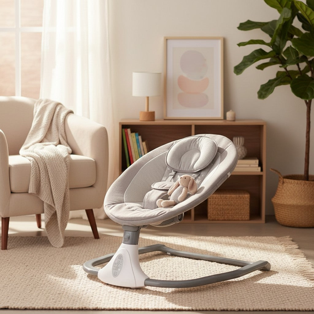 momviacare grey fabric electric baby rocker with plush seat, harness, and remote control for newborns.