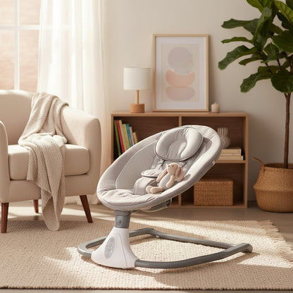 momviacare grey fabric electric baby rocker with plush seat, harness, and remote control for newborns.