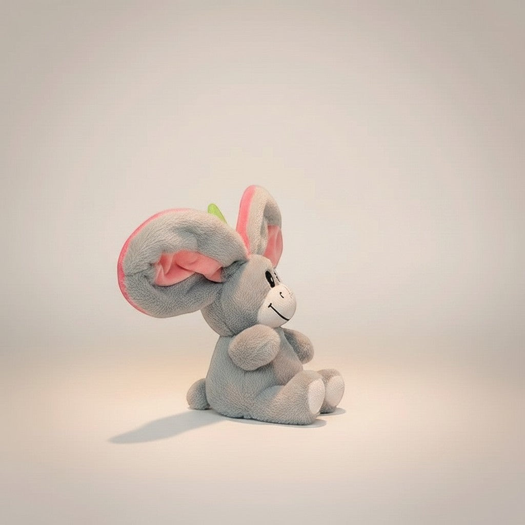 Momviacare grey plush toy with large pink-lined ears and embroidered face, sitting down.