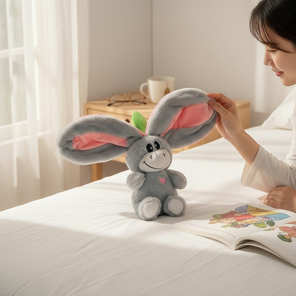 Momviacare grey plush toy with large pink-lined ears, embroidered face, and strawberry detail. A girl is touching its ear.