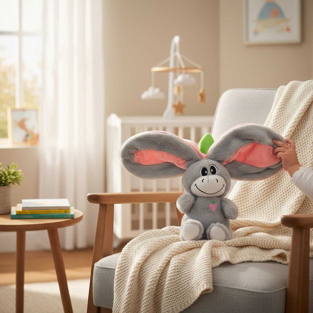 Momviacare grey plush toy with large floppy pink-lined ears, embroidered face, and strawberry detail, sitting on a chair with a blanket.