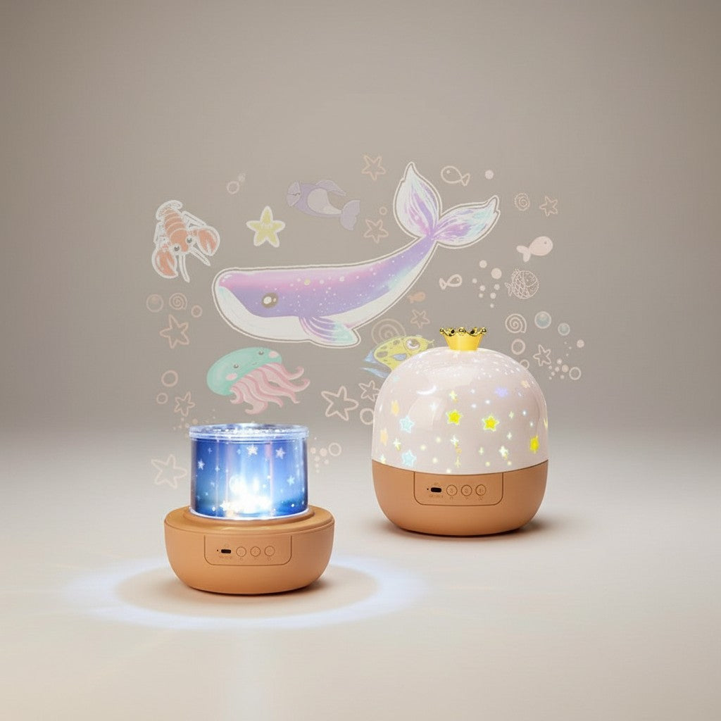 Momviacare ocean themed star projector night light with whale and jellyfish graphics, projects colorful stars.