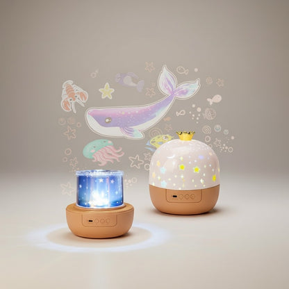 Momviacare ocean themed star projector night light with whale and jellyfish graphics, projects colorful stars.
