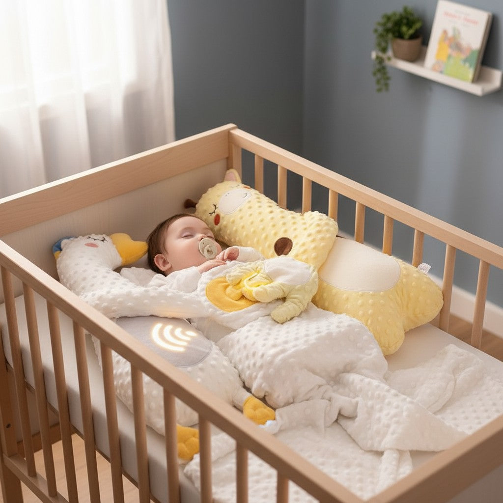 Momviacare white goose plush pillow with light and yellow giraffe plush toy for baby comfort and sleep