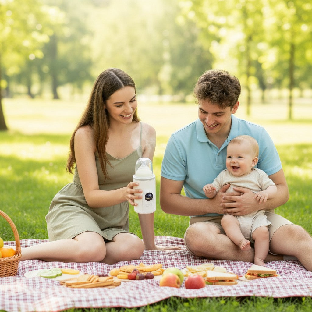 Momviacare portable bottle warmer with digital display showing 42 degrees, held by a woman in jeans, with a man pushing a stroller in the background.