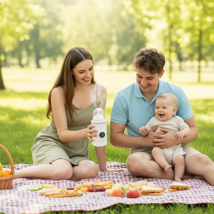 Momviacare portable bottle warmer with digital display showing 42 degrees, held by a woman in jeans, with a man pushing a stroller in the background.