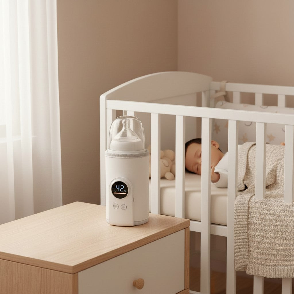 Momviacare white portable bottle warmer with digital display, next to a baby crib with a sleeping infant.