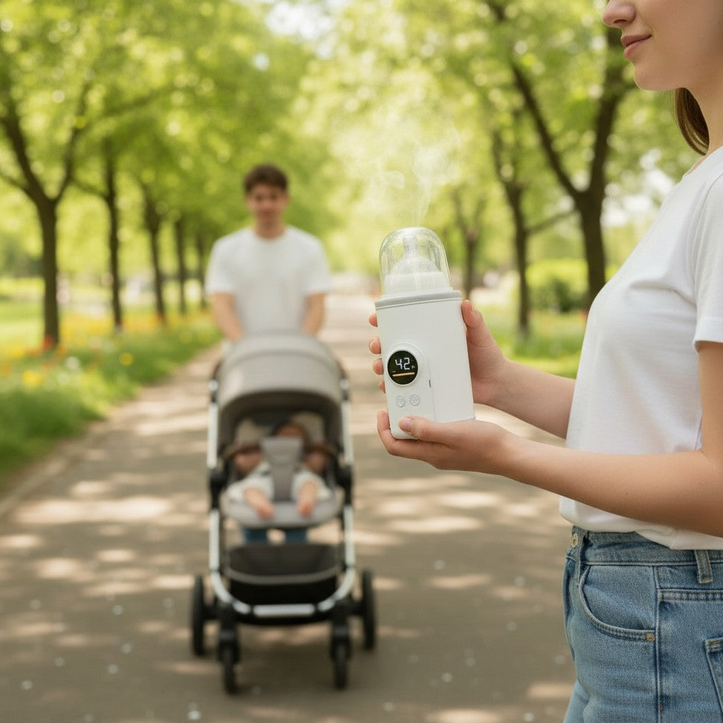 Momviacare portable bottle warmer and sterilizer, white, attached to a stroller handle, warming a baby bottle. Digital display shows 42°C.
