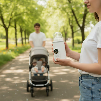 Momviacare portable bottle warmer and sterilizer, white, attached to a stroller handle, warming a baby bottle. Digital display shows 42°C.