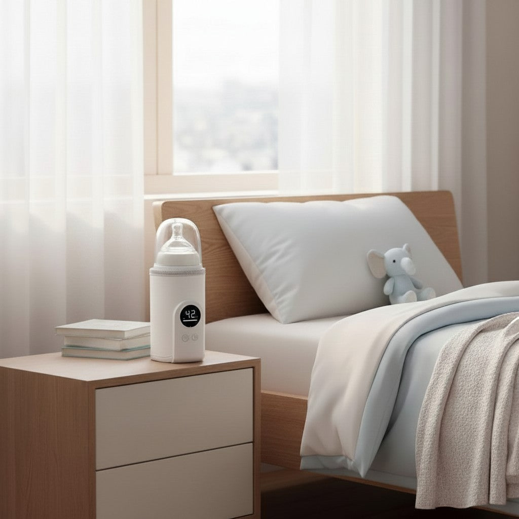 Momviacare white portable bottle warmer with digital display showing 42 degrees, next to another identical warmer on a nightstand.