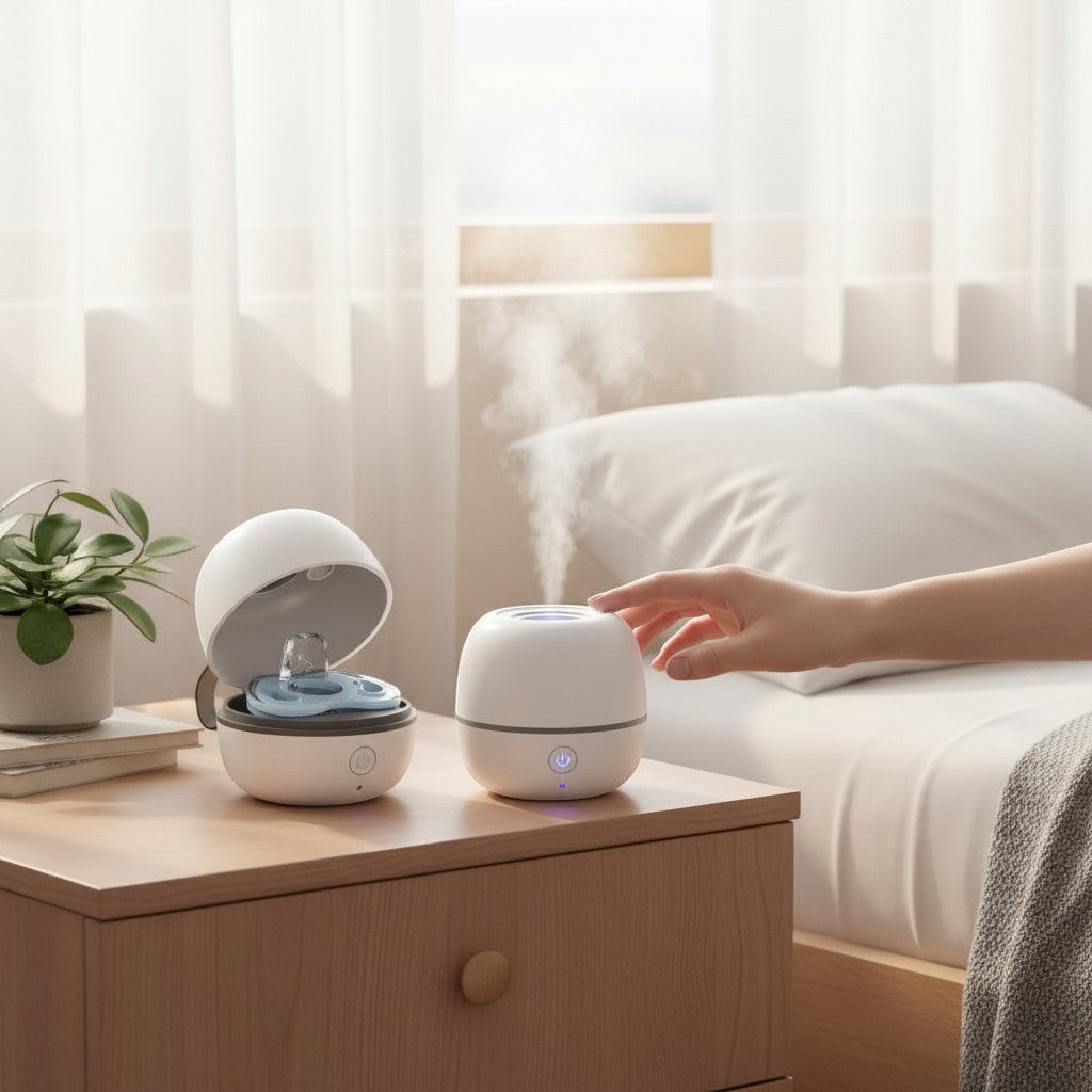 momviacare portable white egg-shaped UV sterilizer case with a blue pacifier holder inside, next to a white humidifier.
