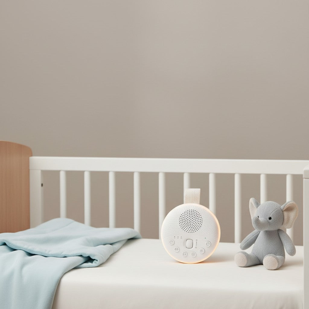 Momviacare portable white sound machine with night light and fabric loop. Features buttons for sound, volume, timer, and light.