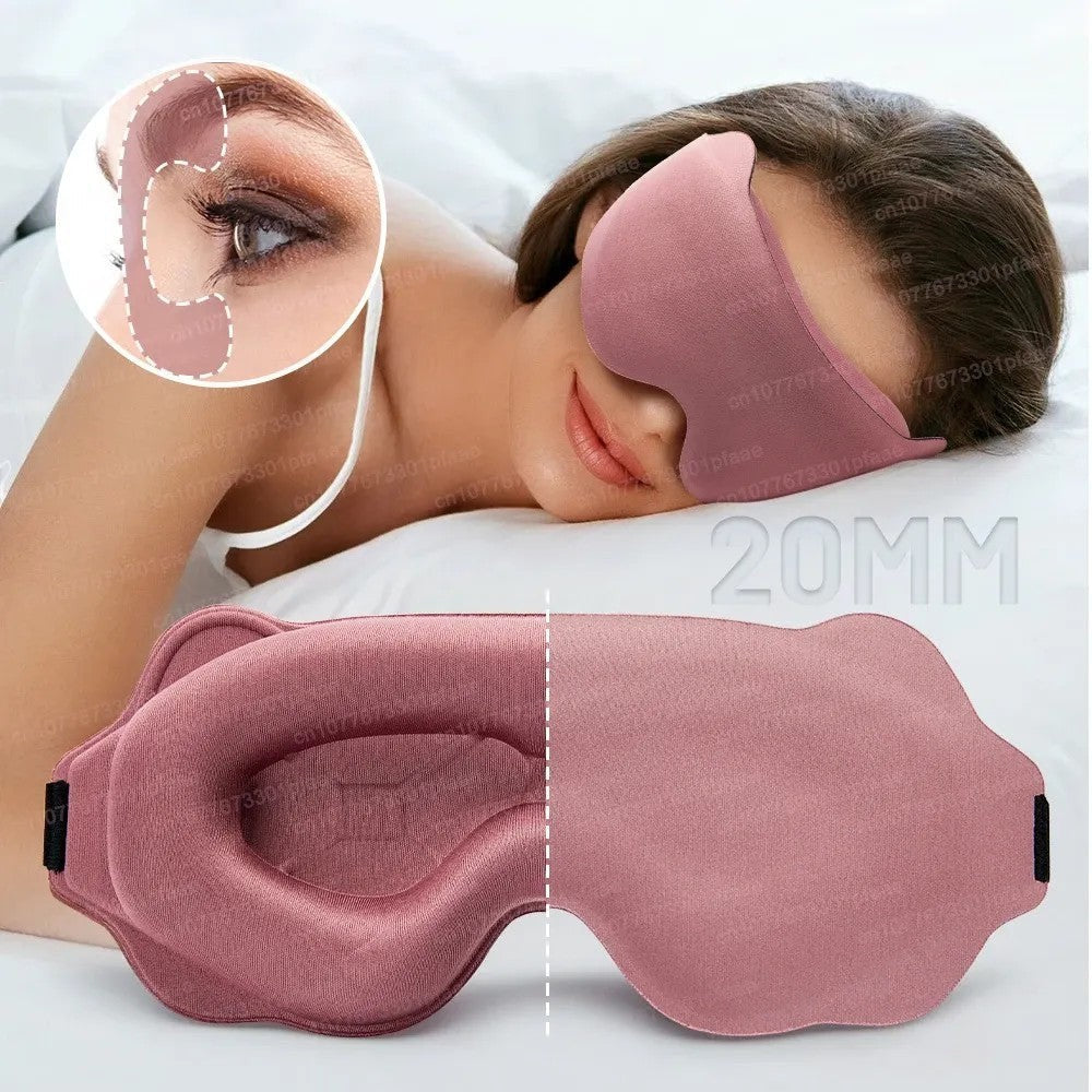momviacare rose 3D contoured sleep mask with deep eye cavities and adjustable strap for eye relaxation and travel.