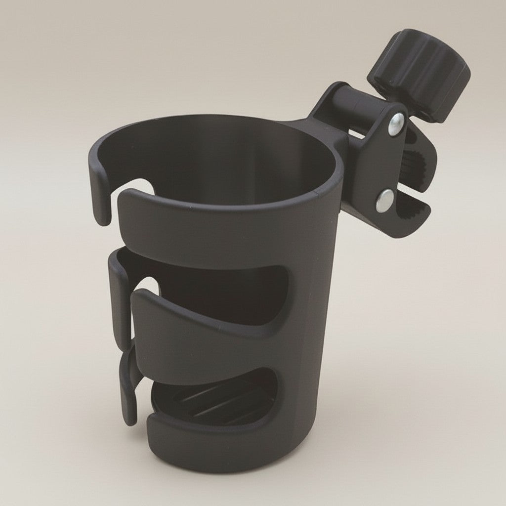 Momviacare black adjustable baby stroller cup holder with universal clamp for bottles and cups.