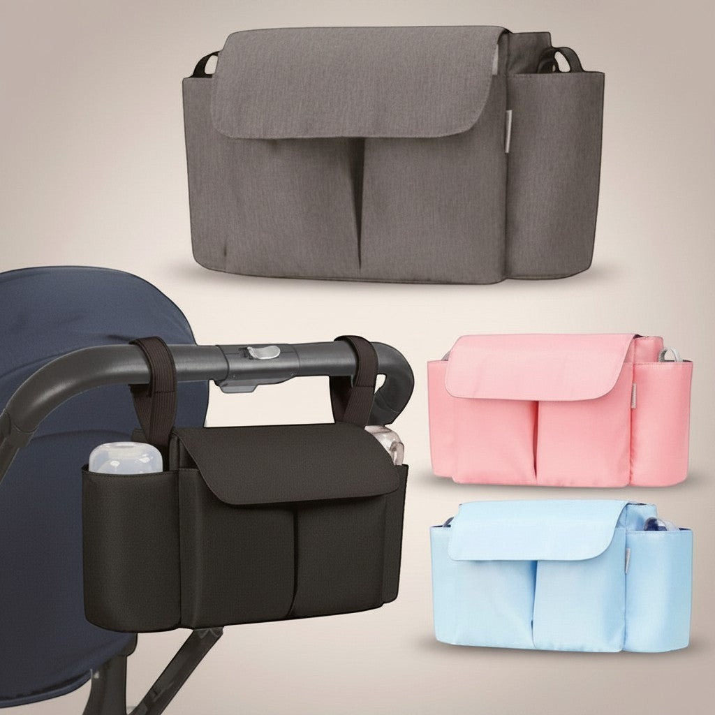 Momviacare stroller organizer bag in black with cup holders and multiple compartments, attached to a stroller handle.