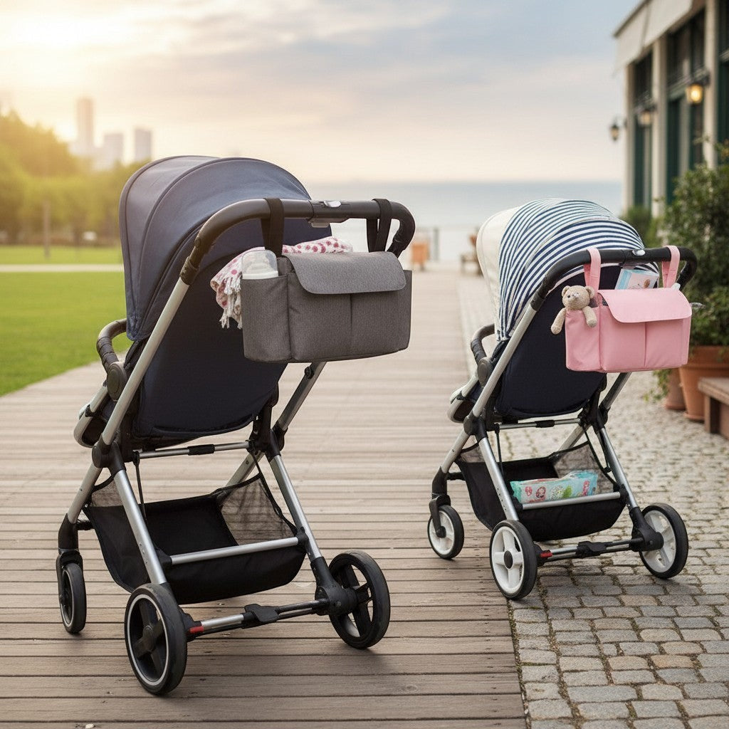 Momviacare stroller organizer bag in black, pink, and blue. Features insulated cup holders and multiple compartments for essentials.