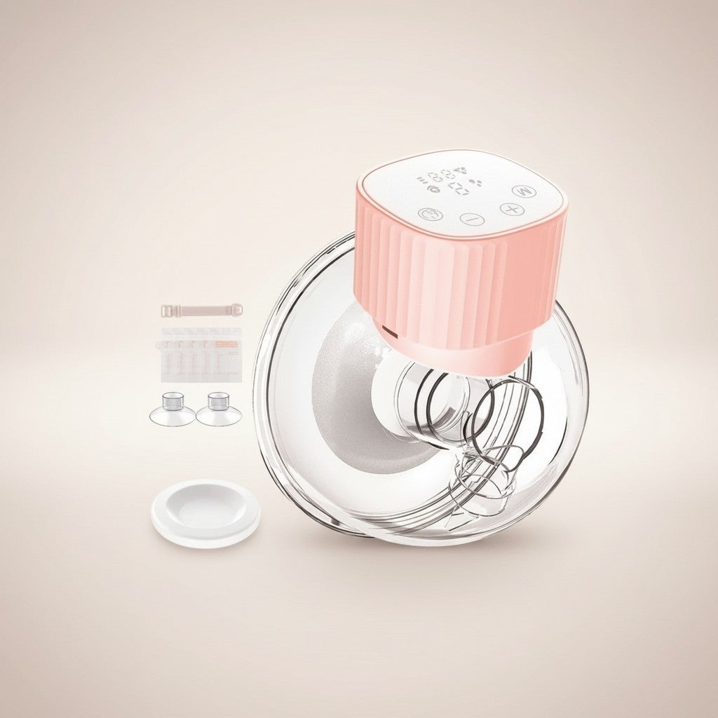 Momviacare pink wearable breast pump with digital display and soft silicone flange. Includes accessories.