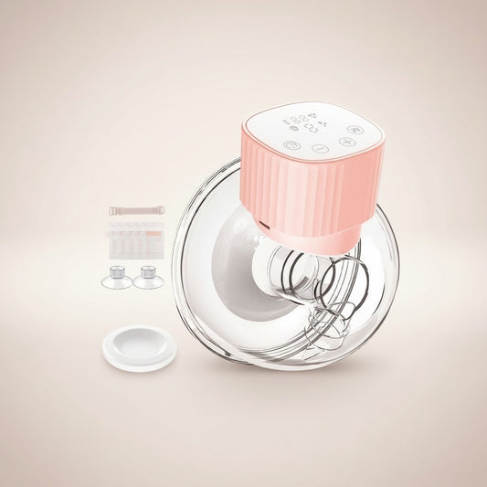 Momviacare pink wearable breast pump with digital display and soft silicone flange. Includes accessories.