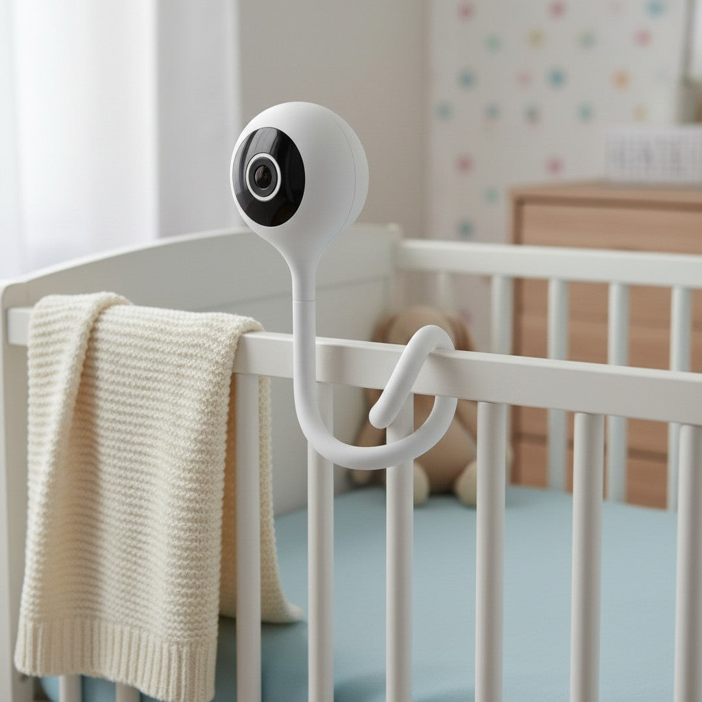 Momviacare white baby monitor camera with flexible gooseneck and black lens, ideal for nursery.
