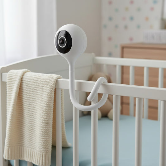 Momviacare white baby monitor camera with flexible gooseneck and black lens, ideal for nursery.