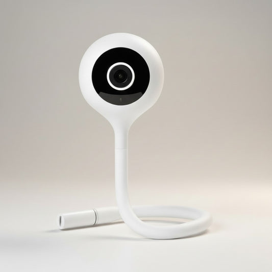 Momviacare white baby monitor camera with flexible gooseneck and black lens. Modern design for nursery.