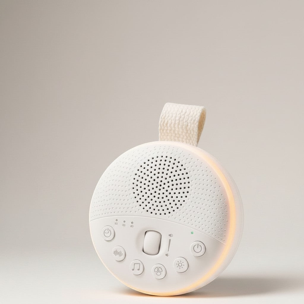 Momviacare white portable sound machine with night light and controls, next to a teddy bear.