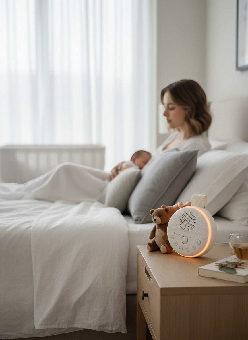 momviacare portable white sound machine with night light and teddy bear on bedside table