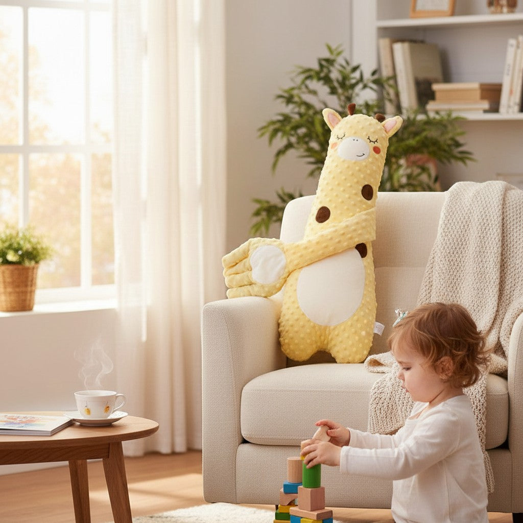 momviacare yellow plush giraffe comfort pillow with textured fabric and embroidered face, sits on a chair next to a toddler playing.
