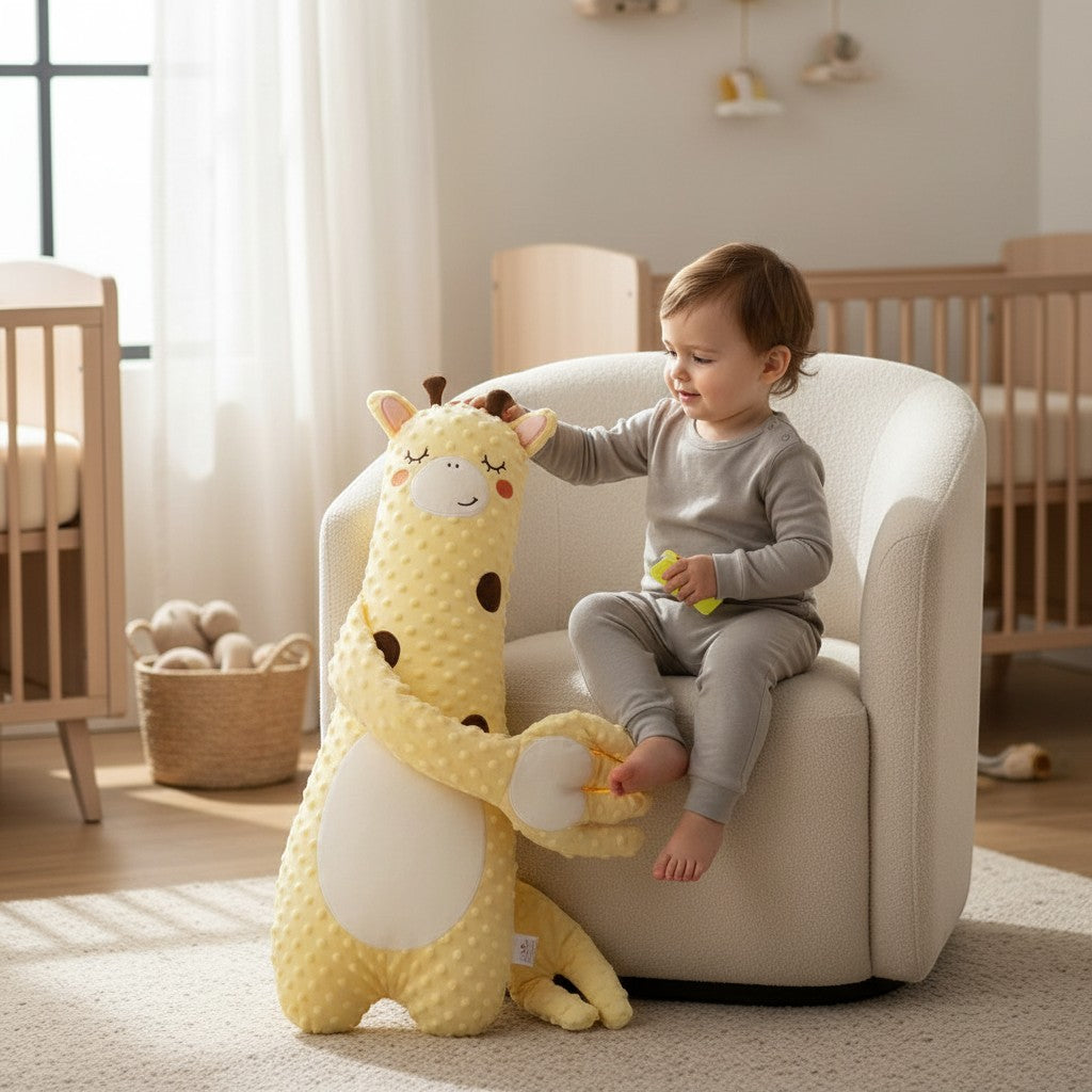Momviacare yellow plush giraffe comfort pillow with textured fabric, a baby sits next to it in a chair.